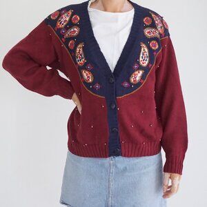 VTG Huntington Ridge Burgundy Paisley Beaded Embroidered Cardigan Prep Grandma M